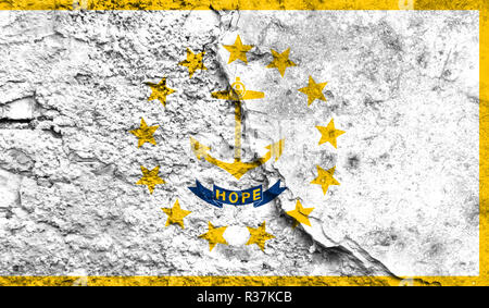 Flag State of Rhode Island and Providence Plantations close up painted on a cracked wall, concept of armed actions and conflicts in the world Stock Photo