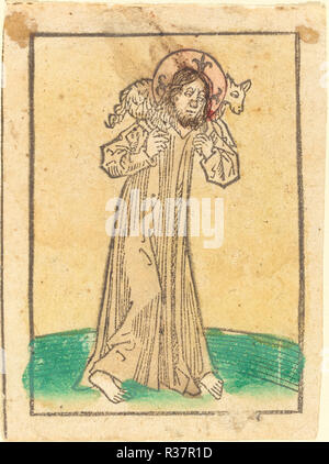 Good Shepherd. Dated: c. 1480. Medium: woodcut in warm black, hand-colored in yellow, green-gray, and rose. Museum: National Gallery of Art, Washington DC. Author: German 15th Century. Stock Photo