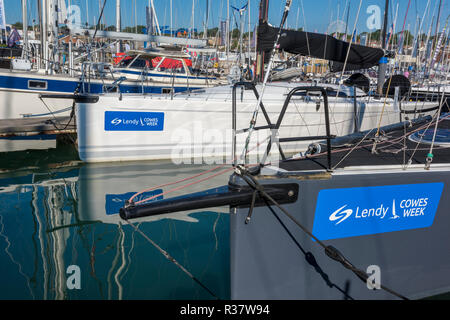busy packed yacht marina at cowes yacht haven during the annual lendy cowes week regatta on the isle of wight. Stock Photo