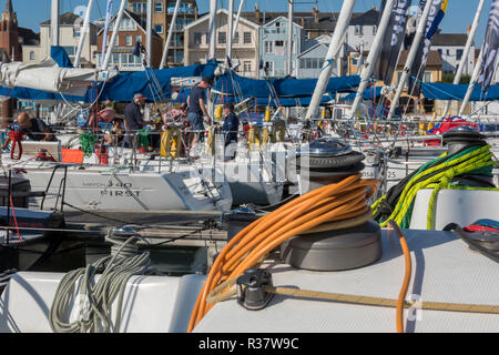 busy marina and yachting berths at cowes yacht haven, cowes week isle of wight, uk Stock Photo
