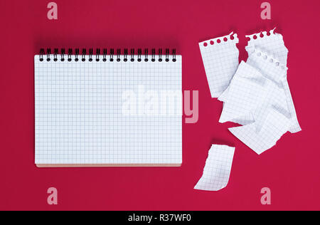 open notebook in a cell and a torn sheet on a red background, empty space Stock Photo