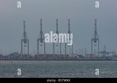 a row of large dockyard cranes on the dockside at the port of southampton docks in hampshire, england, uk Stock Photo