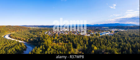 Isar, nature reserve Isarauen, Geretsried, foothills of the Alps, drone shot, Upper Bavaria, Bavaria, Germany Stock Photo