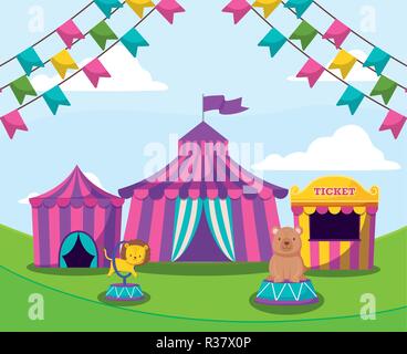 circus tent with garlands and cute animals vector illustration design Stock Vector