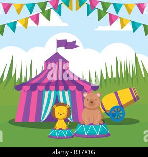 circus tent with garlands and cute animals vector illustration design Stock Vector