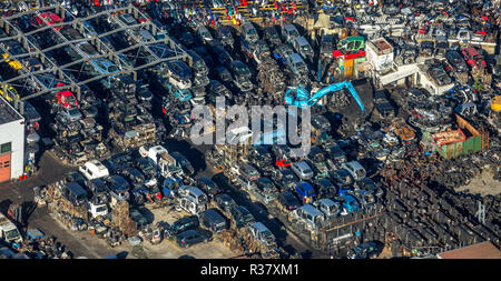 Aerial view, scrap yard with cars to be scrapped, car wrecks, Unna, Ruhr area, North Rhine-Westphalia, Germany Stock Photo