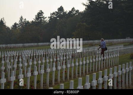 October 20, 2018 - Douaumont, France: The war cemetery monument of Douaumont, which hosts the remains of 130 000 soldiers, both French and German, who took part in the First World War. There are 15 000 crosses outside the monument with the names of French soldiers who died in the vicinity. La necropole et l'ossuaire de Douaumont, un monument imposant a la memoire des soldats ayant participe a la bataille de Verdun durant la Premiere Guerre mondiale. *** FRANCE OUT / NO SALES TO FRENCH MEDIA *** Stock Photo