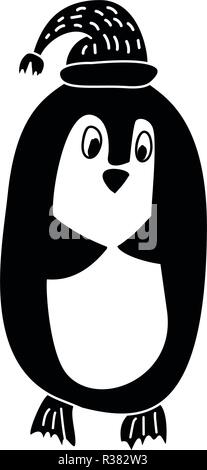 Hand draw Vector Illustration of Funny Penguin in Knitted Hat. Christmas isolated Greeting card scandinavian style Stock Vector