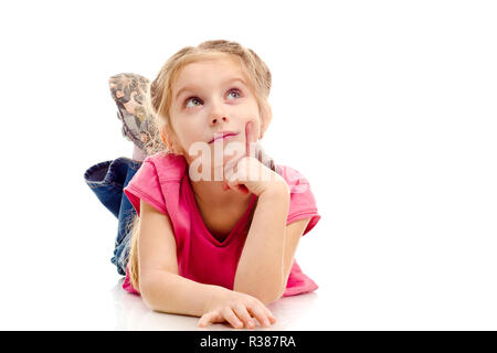 sad little girl isolated on a white background Stock Photo