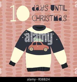 10 Days until Christmas vector illustration. Christmas countdown ten days. Vintage Scandinavian style. Hand drawn ugly sweater. Holiday design set for Stock Vector
