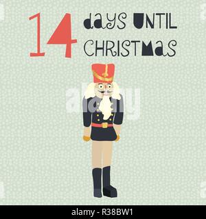 14 Days until Christmas vector illustration. Christmas countdown 14 days. Vintage Scandinavian style. Hand drawn nutcracker. Holiday design set for ca Stock Vector