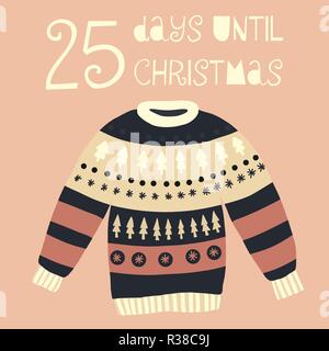 25 Days until Christmas vector illustration. Christmas countdown twenty-five days til Santa. Scandinavian style. Hand drawn ugly sweater. Holiday set  Stock Vector