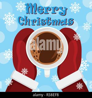 Santa is holding a Cup of coffee in his mittens. The view from the top. Stock Vector