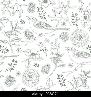 Elegant hand drawn Christmas seamless pattern with birds, holly berries, mistletoe, roses and pine cones. Winter vintage engraving design. Vector illustration background. Stock Vector