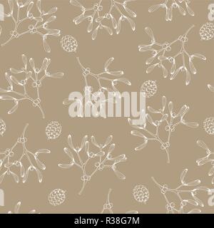 Elegant hand drawn Christmas seamless pattern with mistletoe and little pine cones. Winter vintage engraving design. Golden vector illustration background. Stock Vector