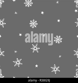 Snowflake seamless pattern. Christmas wrapping paper. Holiday hand drawn  geometric repeat simple ornate. Snow vector silhouette elements.  Scandinavian nordic design for print backdrop card, textile. Stock Vector