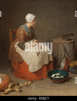 The Kitchen Maid. Dated: 1738. Dimensions: overall: 46.2 x 37.5 cm (18 3/16 x 14 3/4 in.)  framed: 61.9 x 53.7 x 7.3 cm (24 3/8 x 21 1/8 x 2 7/8 in.). Medium: oil on canvas. Museum: National Gallery of Art, Washington DC. Author: JEAN SIMEON CHARDIN. Jean Baptiste Simeon Chardin. Stock Photo