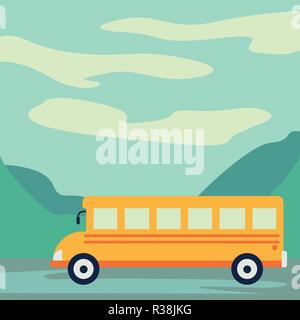 School bus paper art style driving on the road with beautiful background vector illustration Stock Vector