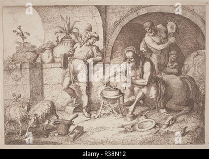 Chiron Teaches Magic to Achilles. Dated: 1758/1759. Dimensions: plate: 21.8 x 29.7 cm (8 9/16 x 11 11/16 in.)  sheet: 28 x 43.5 cm (11 x 17 1/8 in.). Medium: etching in sanguine on laid paper. Museum: National Gallery of Art, Washington DC. Author: Gaetano Zompini, after Giovanni Benedetto Castiglione. Stock Photo