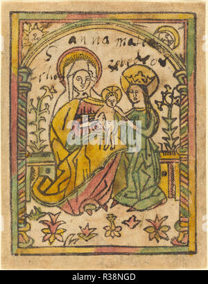 Saint Anne with the Madonna and Child. Dated: 1470/1500. Medium: woodcut, hand-colored in yellow, green, red. Museum: National Gallery of Art, Washington DC. Author: German 15th Century. Stock Photo