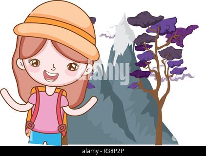 little tourist girl in the landscape vector illustration design Stock Vector