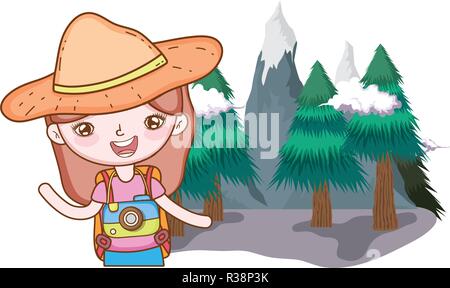 little tourist girl in the landscape vector illustration design Stock Vector