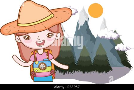 little tourist girl in the landscape vector illustration design Stock Vector