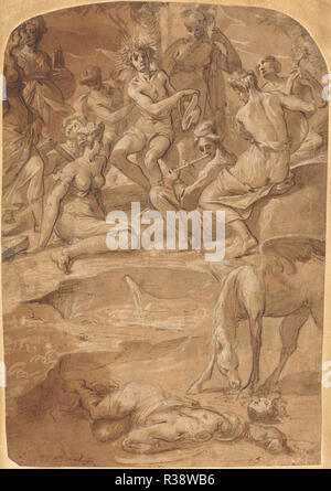 Apollo and the Muses on Mount Parnassus. Dated: c. 1650. Dimensions: overall: 36 x 24.3 cm (14 3/16 x 9 9/16 in.). Medium: pen and brown ink and brown wash, heightened with white, over black chalk on laid paper. Museum: National Gallery of Art, Washington DC. Author: JOHANN CHRISTOPH STORER. Stock Photo