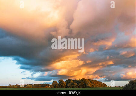 Evening sunlight reflecting off storm clouds opver open farmland Stock Photo