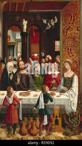 The Marriage at Cana. Dated: c. 1495/1497. Dimensions: overall (original painted surface): 137.1 x 92.7 cm (54 x 36 1/2 in.)  overall (with addition at bottom): 153.1 x 92.7 cm (60 1/4 x 36 1/2 in.)  overall (with added border strips): 155.7 x 95.8 cm (61 5/16 x 37 11/16 in.)  framed: 184.8 x 130.5 x 12.7 cm (72 3/4 x 51 3/8 x 5 in.). Medium: oil on panel. Museum: National Gallery of Art, Washington DC. Author: Master of the Catholic Kings. Stock Photo