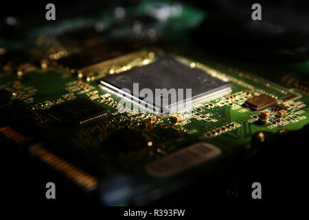 Cpu chipset on printed circuit board pcb with electronic components. close-up Stock Photo