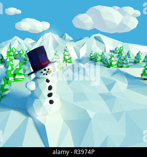 cute snowman in snow landscape Stock Photo