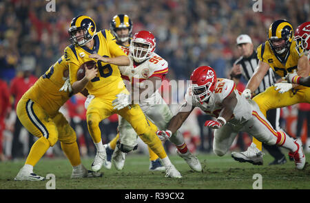 Los Angeled, CALIFORNIA, USA. 19th Nov, 2018. Los Angeles Rams Jared Goff is tackled by Kansas City Chiefs Chris Jones (95) at the Los Angeles Memorial Coliseum on Monday, Nov. 19, 2018. Credit: KC Alfred/ZUMA Wire/Alamy Live News Stock Photo