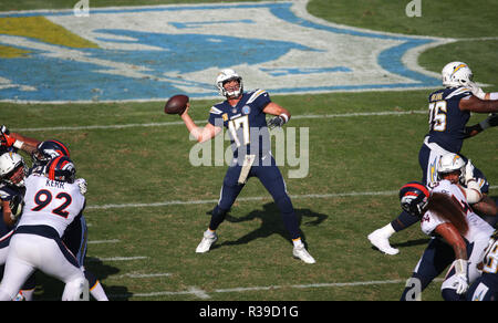 Los Angeles Chargers Philip Rivers throws a pass against the Denver Broncos  in the second half at the StubHub Center in Carson, California on October  22, 2017. There were more Broncos fans