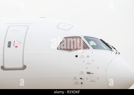 Beijing, China, 22 November 2018. China's homegrown large passenger plane C919 takes off from Pudong International Airport in Shanghai, east China, Nov. 10, 2017. Subsidiaries of Aviation Industry Corporation of China (AVIC) and Commercial Aircraft Corporation of China Ltd. (COMAC) have set up a joint design center to develop noses for China-developed commercial aircraft, AVIC said Nov. 21, 2018. According to the cooperation agreement, AVIC Chengdu Aircraft Corporation Commercial Aircraft Co., Ltd and COMAC Shanghai Aircraft Design and Research Institute will join hands in design Credit: Xinhu Stock Photo