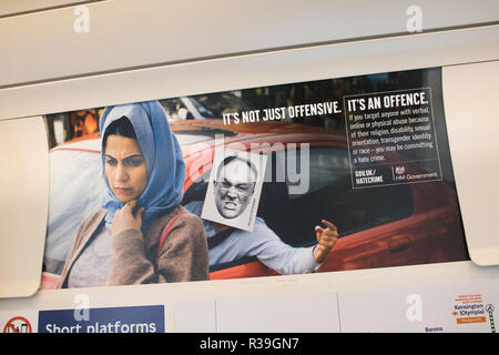 London UK. 22nd November 2018. A poster on the London Underground as part of a government Anti Hatecrime campaign against online and , physical abuse based on religion, transgender identity and race Credit: amer ghazzal/Alamy Live News Stock Photo