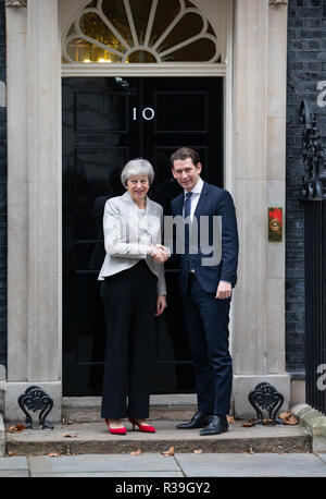 London, UK. 22nd Nov 2018. Theresa May meets Austrian Chancellor, Sebastian Kurz for talks about the Brexit deal. Theresa May meets Austrian Chancellor. Credit: Tommy London/Alamy Live News Stock Photo