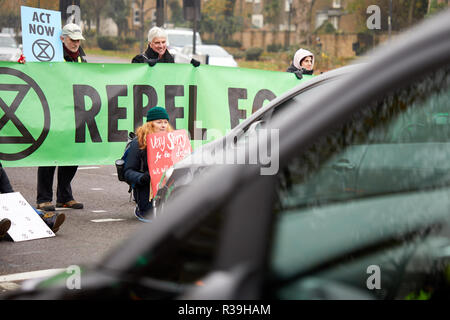 London, UK. - November 22, 2018: Members of Extinction Rebellion climate change group block the A4 into London at Earls Court. Credit: Kevin J. Frost/Alamy Live News Stock Photo