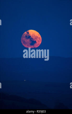 Aberystwyth, Wales, UK. November 22 2018. The full moon, known this month as the Beaver Moon, rises over the hills outside Aberystwyth , mid Wales, on a freezing cold November night  photo credit: Keith Morris / Alamy Live News Stock Photo