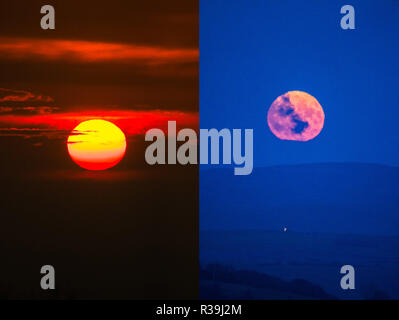 Aberystwyth, Wales, UK. November 22 2018. A double frame image of the the full moon, known this month as the Beaver Moon, rising over the hills outside Aberystwyth , mid Wales, on a freezing cold November night, photographed from the same location where, in the directly opposite direction, and half an hour before,  the sun set spectacularly through the clouds  photo credit: Keith Morris / Alamy Live News Stock Photo