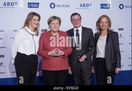 Berlin Germany 22nd Nov 2018 Federal Chancellor Angela Merkel 2nd From Left Cdu Is Welcomed By Tina Hassel L R Head Of The Ard Capital Studio In Berlin Volker Herres Ard Programme Director