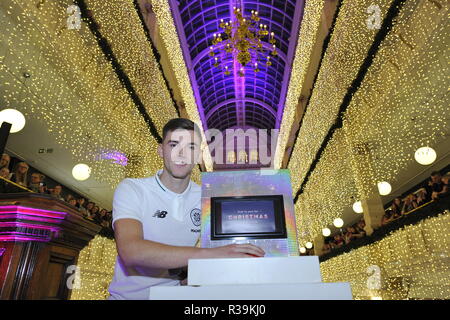 Glasgow, Scotland, UK. 22nd November 2018. Celtic's ace, Kieran Tierney switches on the Iconic Frasers Christmas lights at Mike Ashley's new House Of Fraser in Glasgow.  The event is to raise funds for St Margaret of Scotland Hospice in Clydebank. Credit: Colin Fisher/Alamy Live News Stock Photo