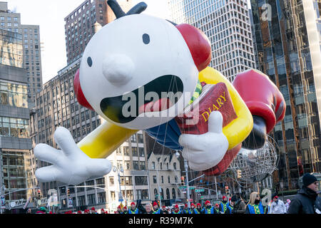 New York, NY - November 22, 2018: Greg Heffley from Diary of Wimpy Kid giant balloon floats at 92nd Annual Macy's Thanksgiving Day Parade on the streets of Manhattan in frigid weather Credit: lev radin/Alamy Live News Stock Photo