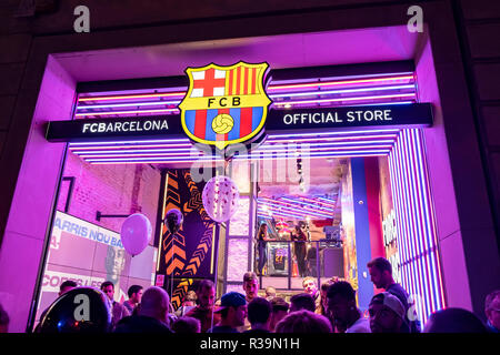 The shop window of the Football Club Barcelona store is seen during the Shopping Night. Barcelona celebrates its 9th edition of Shopping Night Barcelona. The central commercial hub of Passeig de Gràcia is filled with fashion, music, culture and gastronomy. A party that aims to boost sales and inaugurates the commercial Christmas campaign. Stock Photo