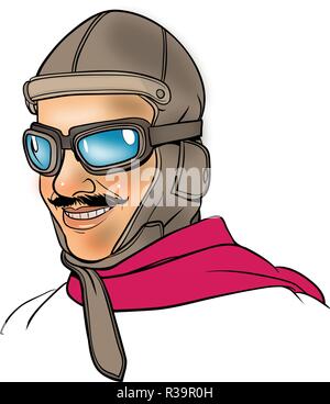 1930's pilot portrait in line art illustration. Stock Vector