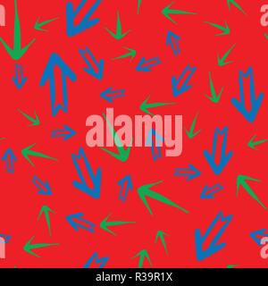 Blue And Green Arrows On Red Seamless Pattern. Stock Vector