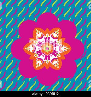 Pink Childish design of symmetric flower on colorful strokes background Stock Vector