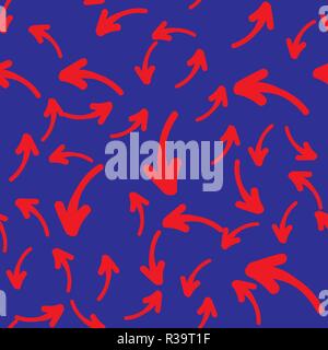 Vector seamless pattern with hand-drawn arrows on blue background. Seamless background with red arrows. Stock Vector