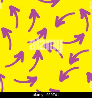 Seamless hand drawn geometric pattern with violet arrows on bright yellow background. Vector design. Stock Vector