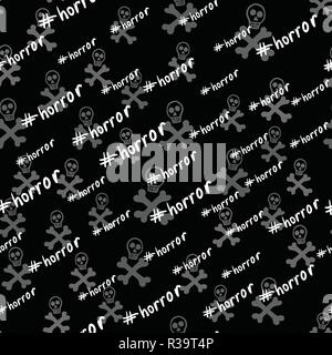 Day of the dead holiday in Mexico seamless pattern with stylized skulls. Scary Skeleton endless background. Dia de Muertos repeating texture. Vector illustration with hashtag horror Stock Vector